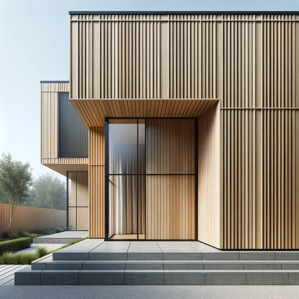minimalist house exterior featuring vertical siding in natural wood stains and tints.